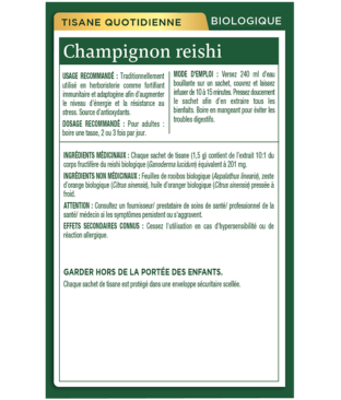 Tisane biologique au champignon reishi avec rooibos et zeste d’orange Ingredients & Info