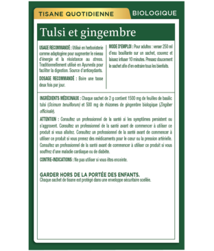 Tisane biologique au tulsi et au gingembre Ingredients & Info