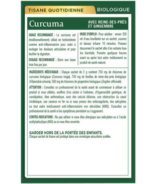 Tisane biologique au curcuma, à la reine-des-prés et au gingembre Ingredients & Info